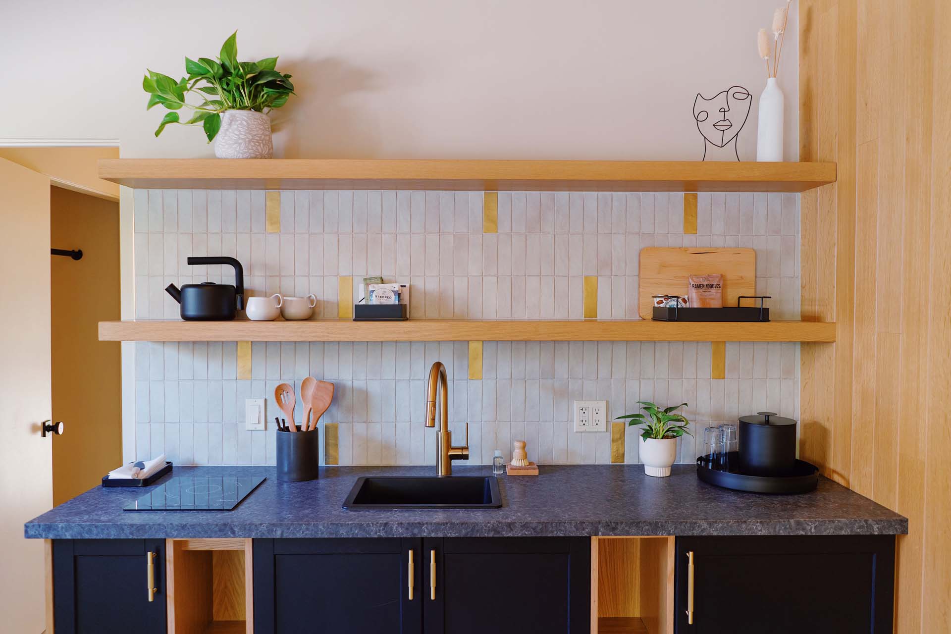 A kitchenette with a countertop, cabinets, and shelves