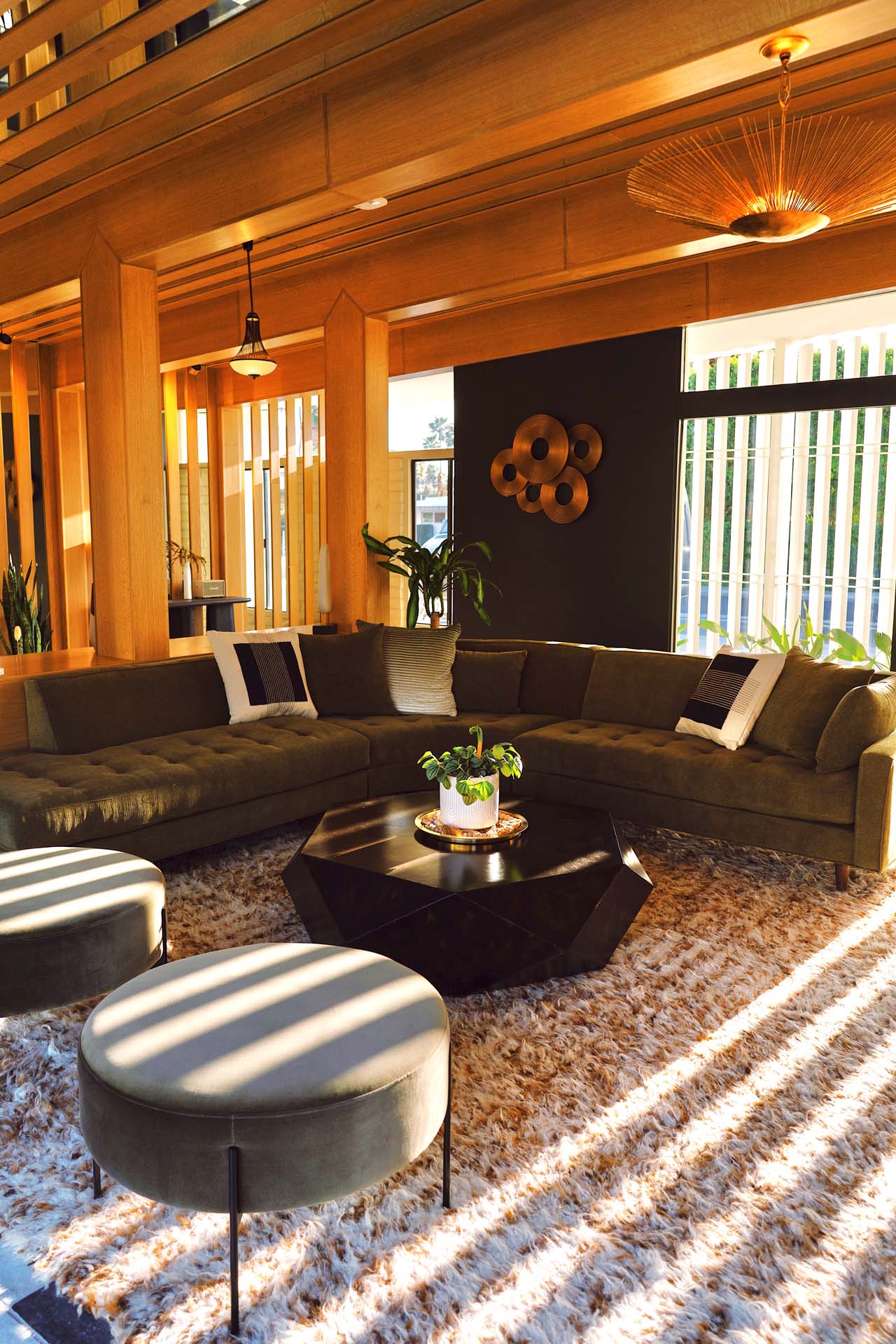 Plush lobby at Azure Sky Hotel featuring shag carpet and wood beams