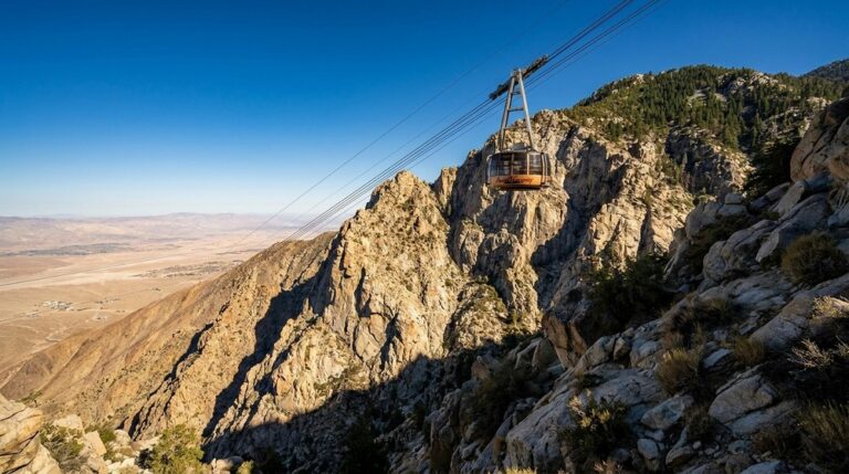 Palm Springs Aerial Tramway ascending above rocky terrain with desert valley below on a summer day