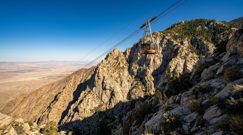 Palm Springs Aerial Tramway ascending above rocky terrain with desert valley below on a summer day