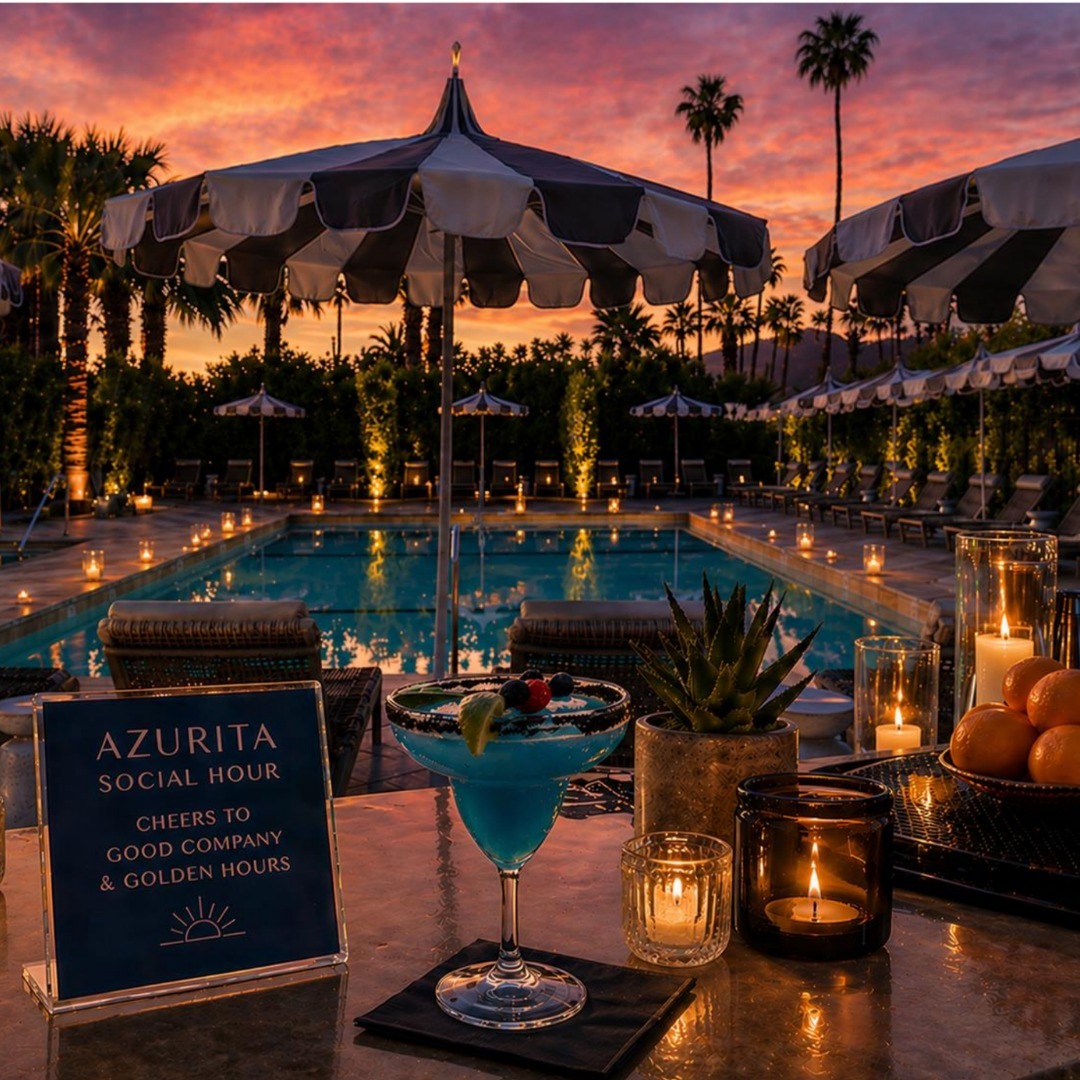 a blue cocktail on a table in front of a pool with candles and palm trees