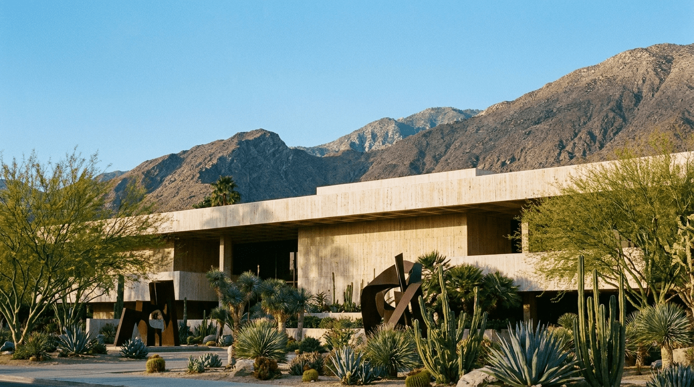 A modern building with a desert garden in front and mountains in the background under a clear blue sky.