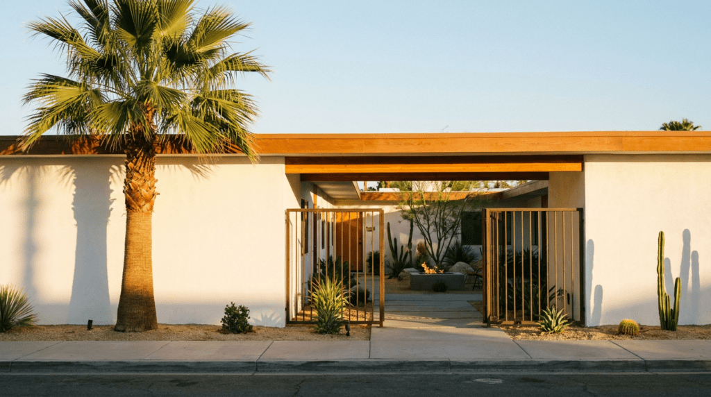 Adults-only boutique hotel entrance near downtown Palm Springs with mid-century modern design