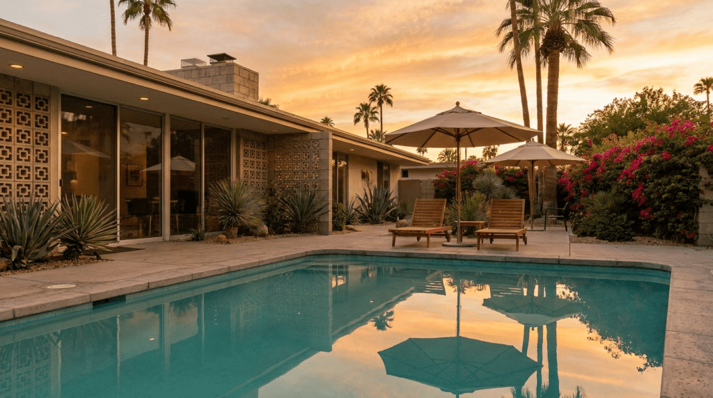 Adults-only boutique hotel pool in Warm Sands Palm Springs with mid-century architecture