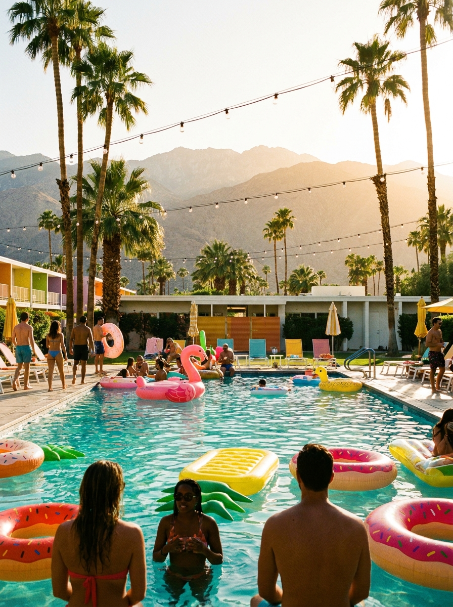 A lively pool scene with people and inflatable floats, surrounded by palm trees and mountains in the background.
